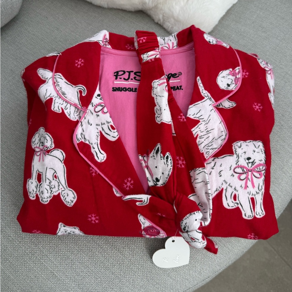NWT PJ Salvage RED/WHITE DOGS WITH PINK BOWS Cotton Flannel Pajama Set Women's M